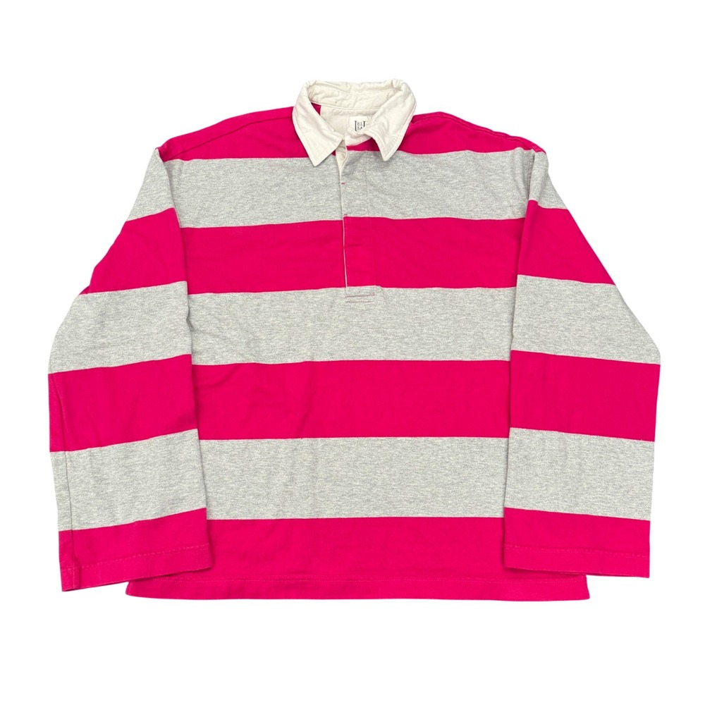ELSA Pink Gray Striped Organic Cotton Rugby Polo Shirt XXS/XS Oversized